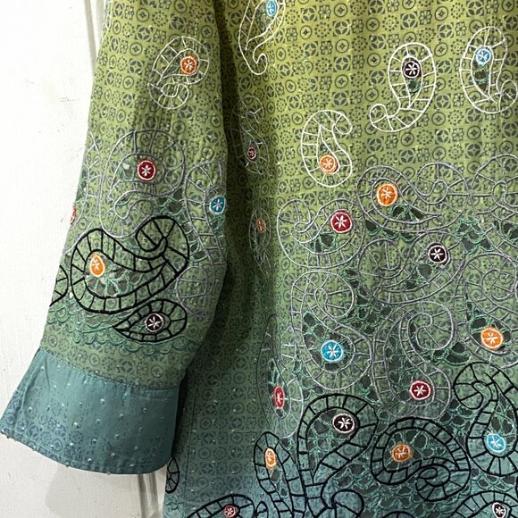 VTG Pong Poco Ltd Sz XL Green Blouse Shirt Button Up 3/4 Sleeve Embroidered - Picture 8 of 13